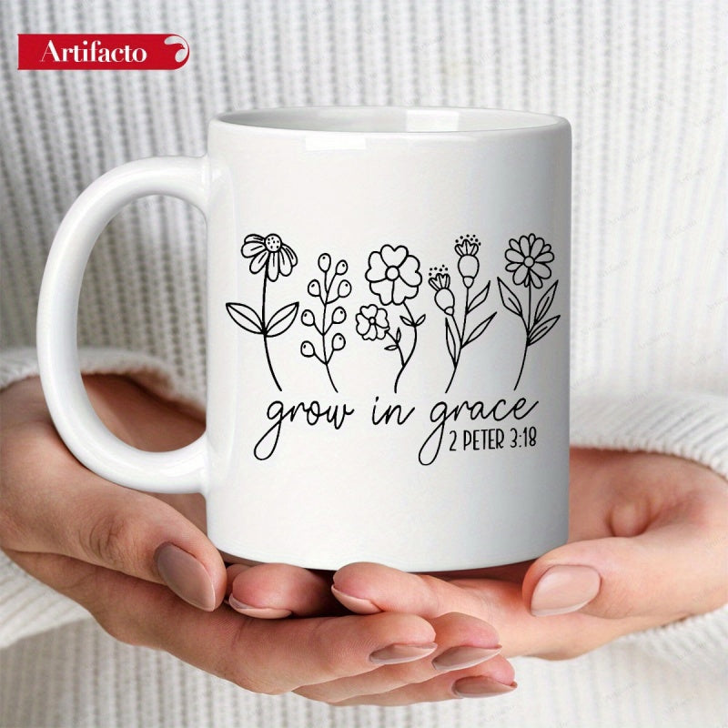Tailorly White Ceramic 11 oz Mug - Grow In Grace 2 Peter 3 18 Minimalist Hand Drawn Wildflowers Standing Tall In Elegant Simple Line Art Wildflower