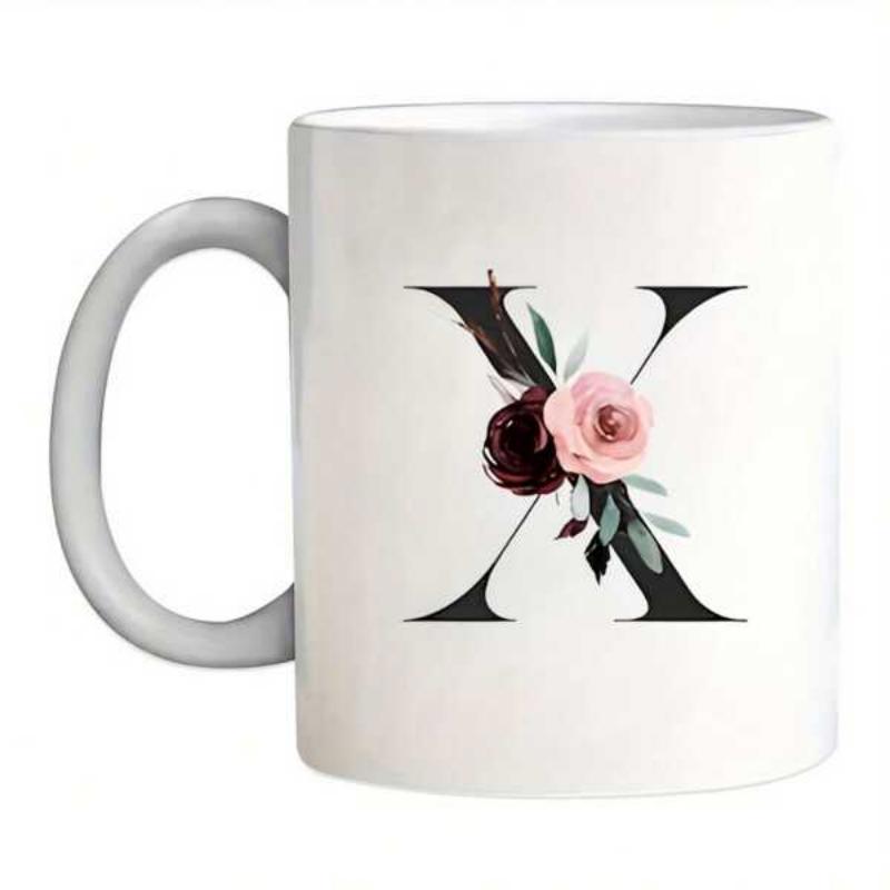 Tailorly White Ceramic 11 oz Mug - X Elegant Serif Character Featuring Delicate Pink Roses And Greenery X