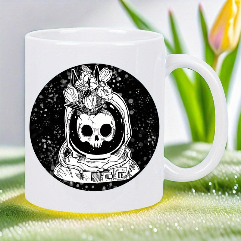 Tailorly White Ceramic 11 oz Mug - Celestial Space Suit With Blooming Flowers And A Haunted Skull Astronaut