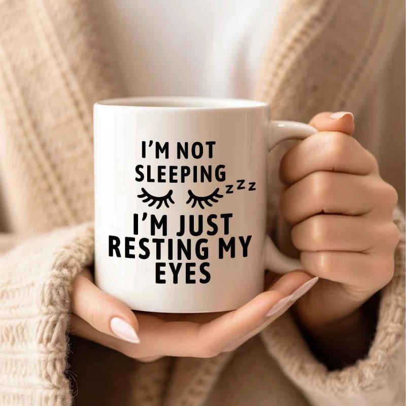 Tailorly White Ceramic 11 oz Mug - I'm Not Sleeping I'm Just Resting My Eyes Minimalist Closed Eyelashes Featuring Playful Zzz Symbols On Pure