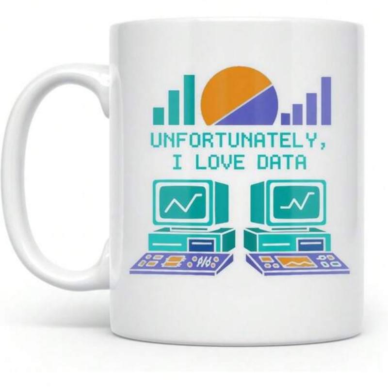 Tailorly White Ceramic 11 oz Mug - Unfortunately I Love Data Retro Monitors Displaying Charts And Graphs Inside A Digital Tech Computer