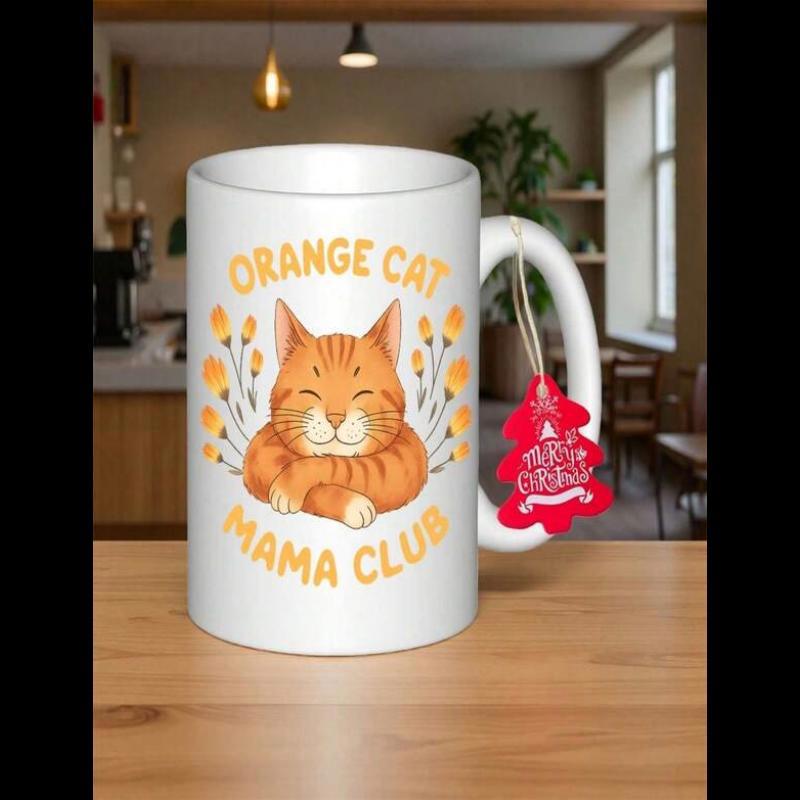Tailorly White Ceramic 11 oz Mug - Orange Cat Mama Club Adorable Sleeping Orange Tabby Cat Surrounded By Delicate Golden Yellow Flowers Cat