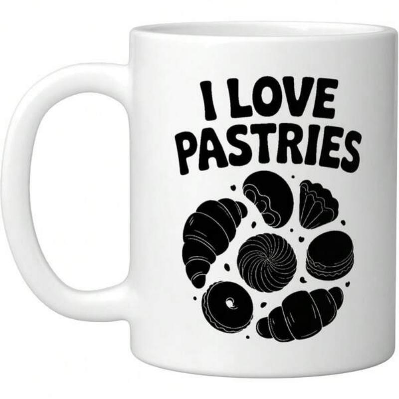 Tailorly White Ceramic 11 oz Mug - I Love Pastries Various Assorted Black Silhouettes Of Delicious Sweets And Flaky Bakery Croissants Pastry