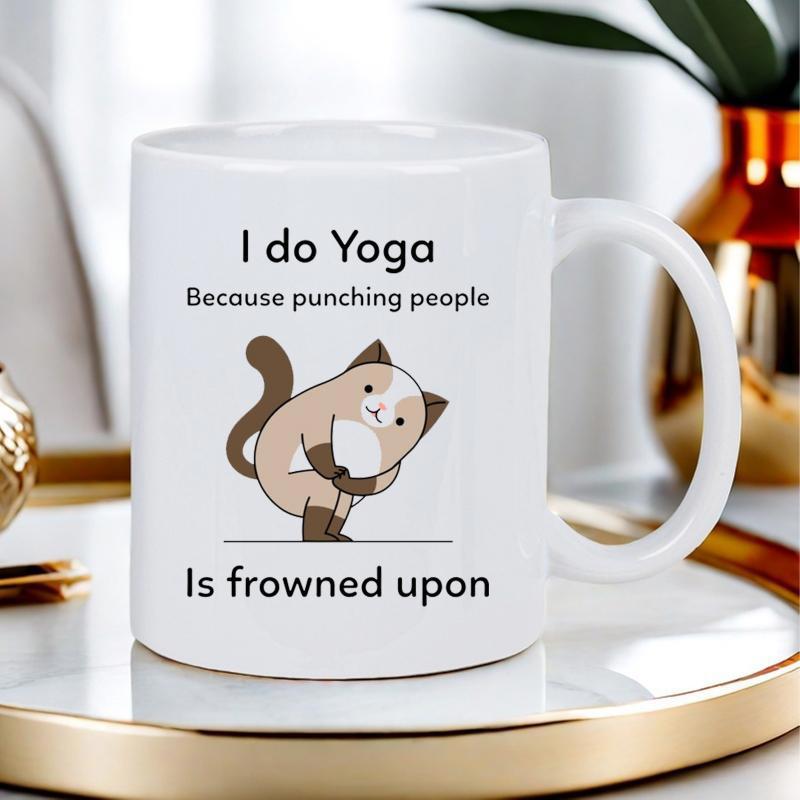 Tailorly White Ceramic 11 oz Mug - I Do Yoga Because Punching People Is Frowned Upon Playful Cartoon Cat Performing Yoga Poses On One Leg Cat