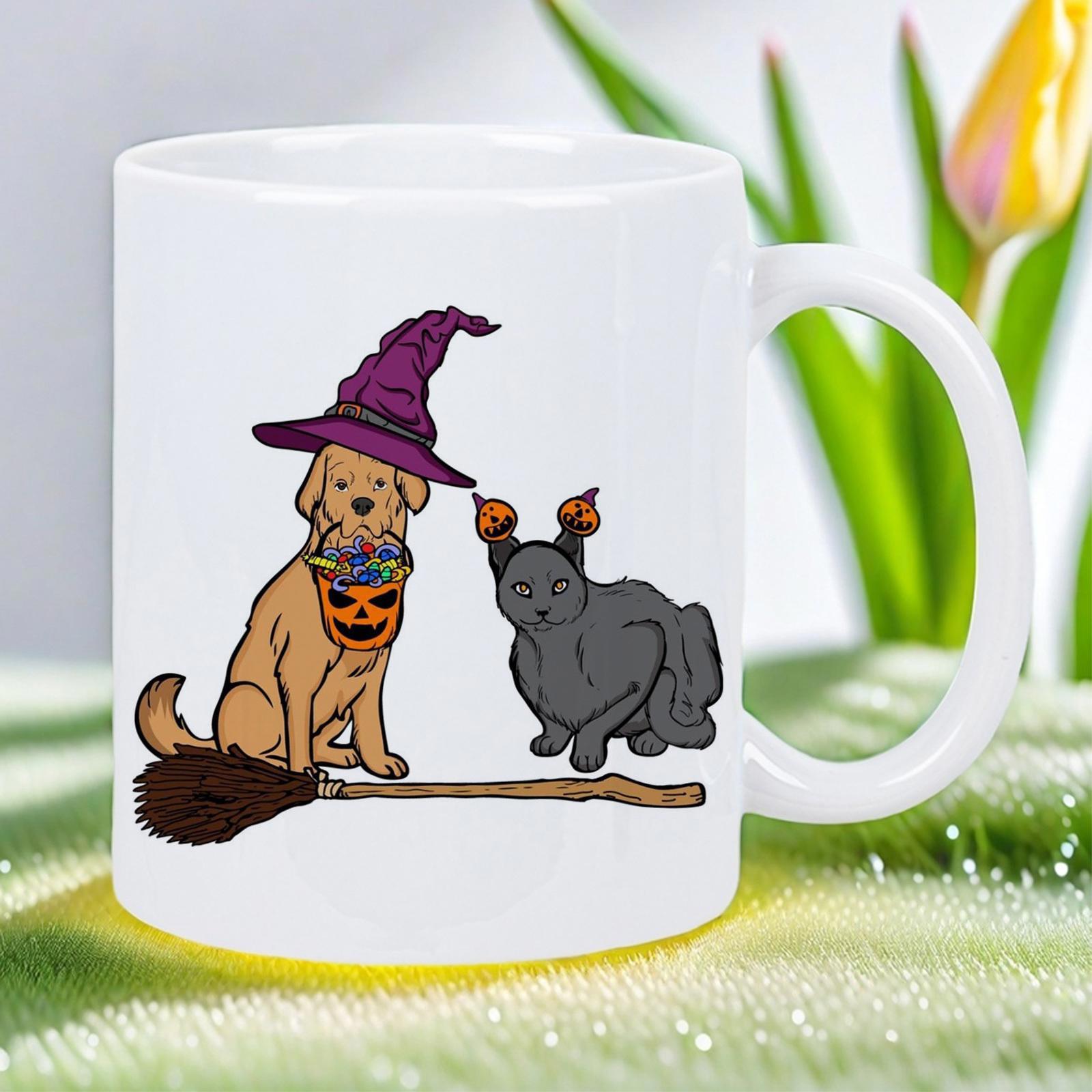 Tailorly White Ceramic 11 oz Mug - Adorable Halloween Cat And Pumpkin Beside A Wooden Flying Broomstick Dog