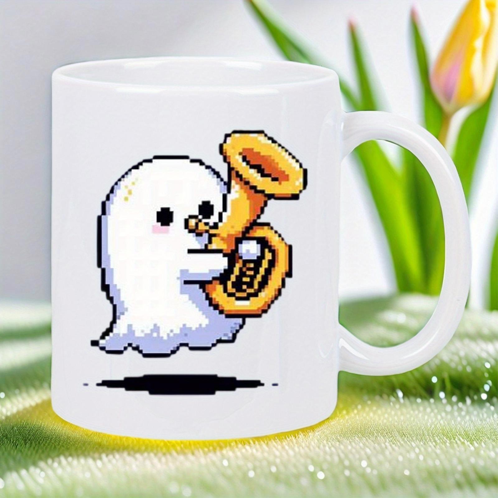 Tailorly White Ceramic 11 oz Mug - Adorable Pixel Art Style Figure Playing A Large Golden Brass Tuba Ghost
