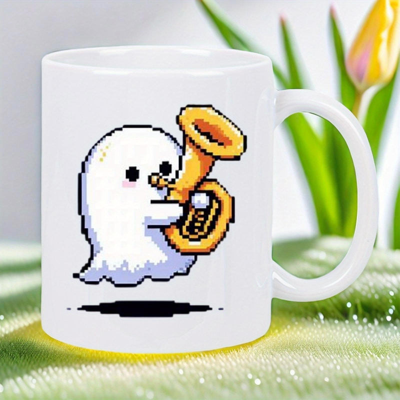 Tailorly White Ceramic 11 oz Mug - Adorable Pixel Art Style Figure Playing A Large Golden Brass Tuba Ghost