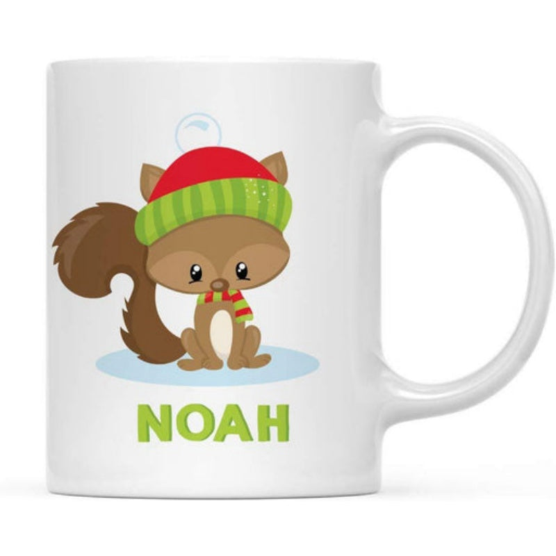 Tailorly White Ceramic 11 oz Mug - Noah Cute Cartoon Forest Animal Wearing Red Winter Hat And Scarf Squirrel