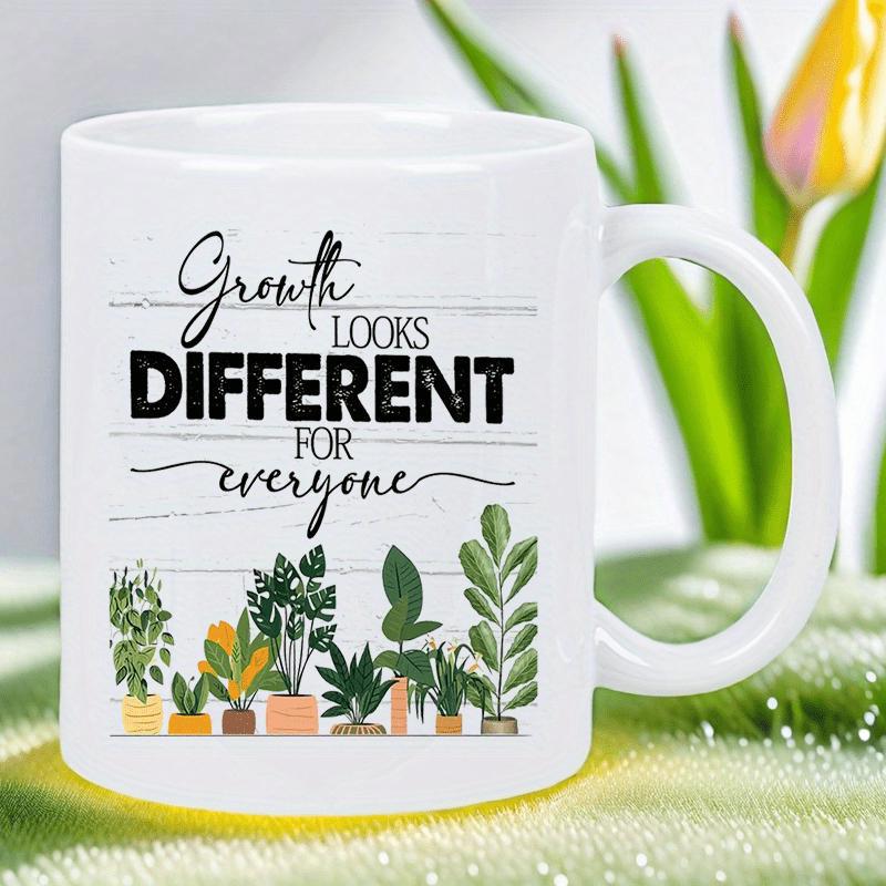Tailorly White Ceramic 11 oz Mug - Growth Looks Different For Everyone Watercolor Houseplants In Pots Arranged In A Neat Horizontal Row Plants
