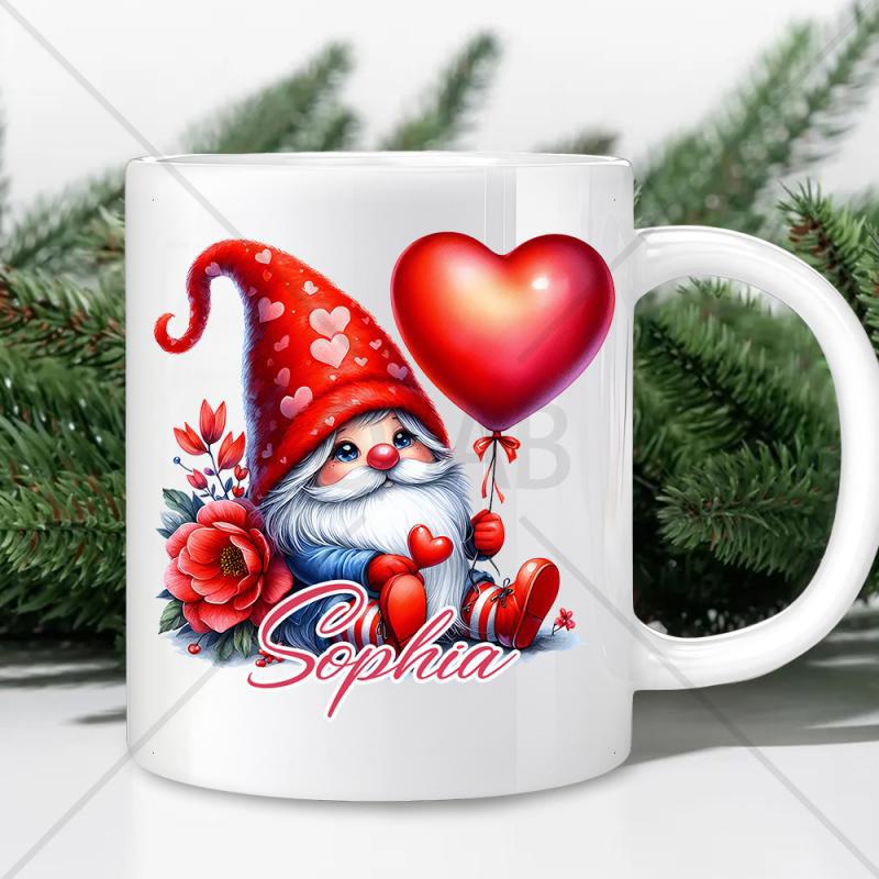 Tailorly White Ceramic 11 oz Mug - Sophia Adorable Festive Character Holding Red Heart Balloon Among Winter Roses Gnome