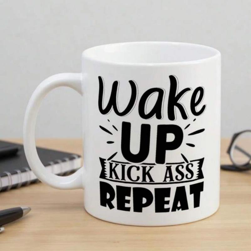 Tailorly White Ceramic 11 oz Mug - Wake Up Kick Ass Repeat Minimalist Featuring Stylized Bold Black Inspirational Typography Mug