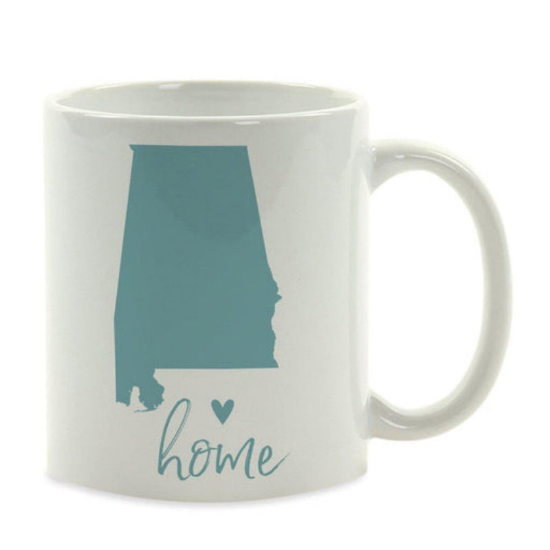 Tailorly White Ceramic 11 oz Mug - Home Solid Teal Alabama State Silhouette With Elegant Script And Heart Map