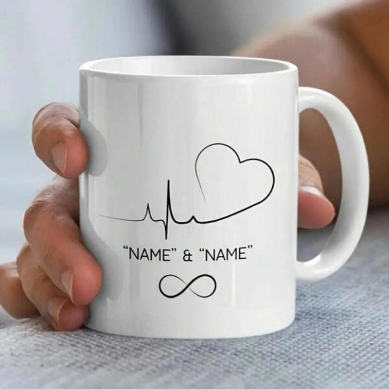 Tailorly White Ceramic 11 oz Mug - Name Name Minimalist Black Line Art Representing Love Pulse Rhythm And Eternal Heart