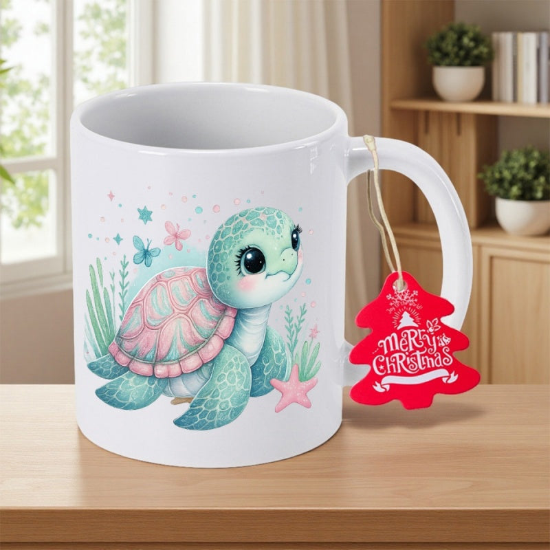 Tailorly White Ceramic 11 oz Mug - Merry Christmas Adorable Pastel Baby Sea Turtle Swimming Among Tiny Flowers And Stars Turtle
