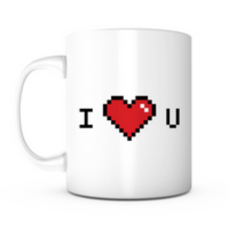 Tailorly White Ceramic 11 oz Mug - I U Simple Red Pixelated Heart Centered Between Black Alphabet Characters Heart
