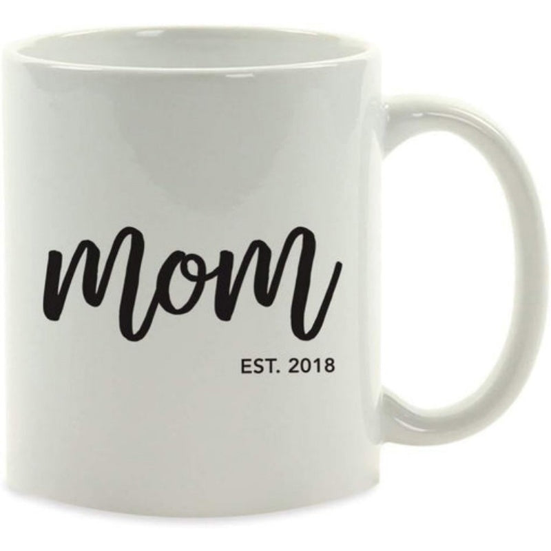 Tailorly White Ceramic 11 oz Mug - Mom EST 2018 Minimalist Black Script Lettering Centered On A Clean Polished White Background Mug