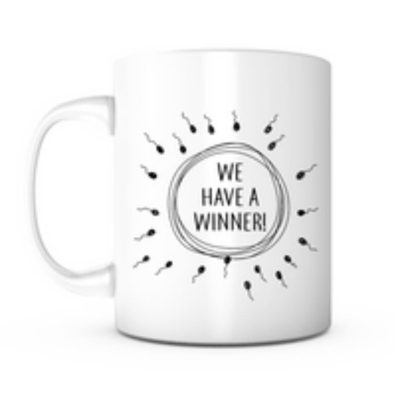 Tailorly White Ceramic 11 oz Mug - We Have A Winner Hand Drawn Sperm Cells Swimming Toward A Central Circular Graphic Mug