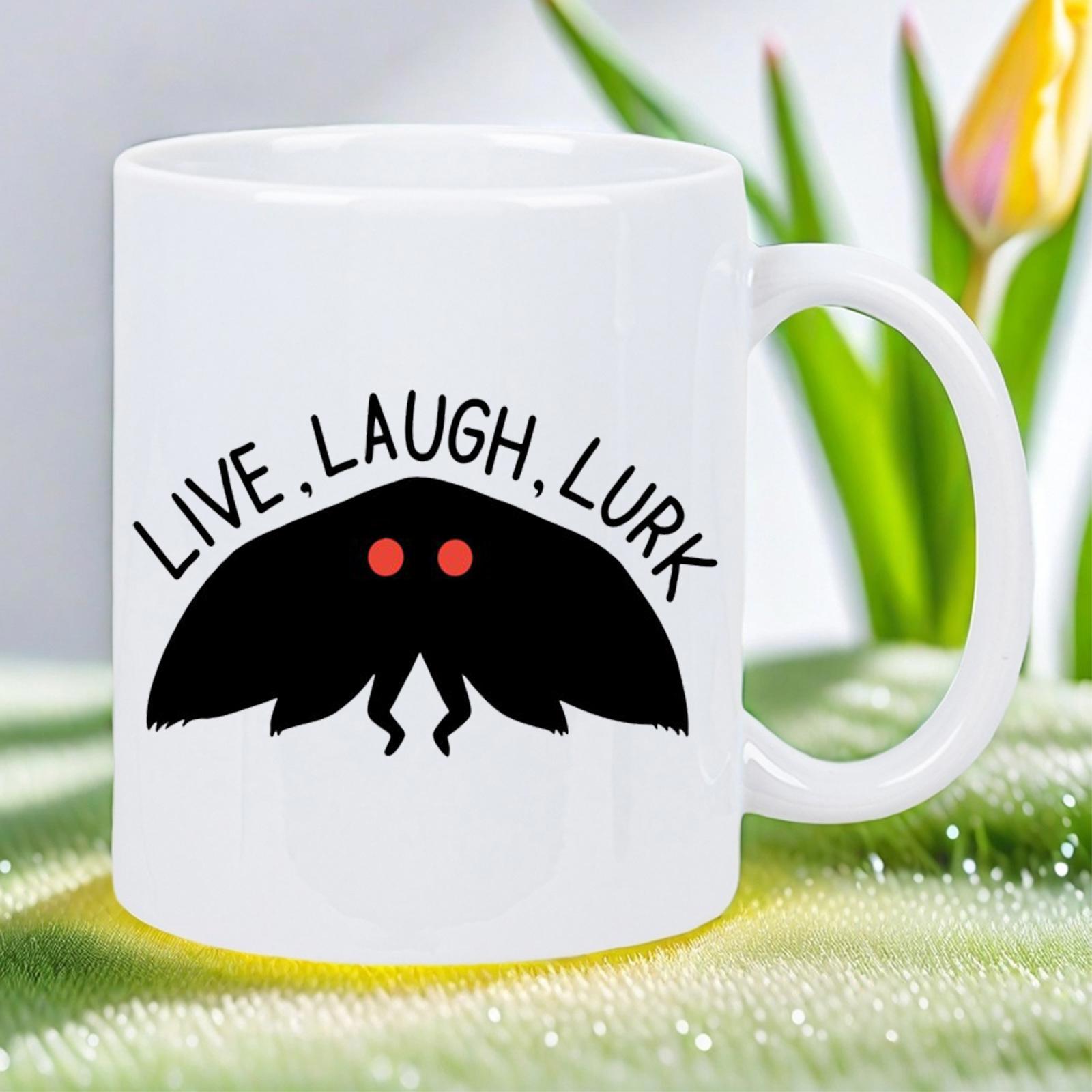 Tailorly White Ceramic 11 oz Mug - Live Laugh Lurk Black Silhouette With Glowing Red Eyes Spreading Wings Wide Mothman