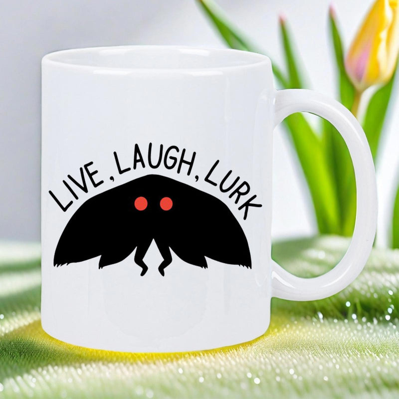 Tailorly White Ceramic 11 oz Mug - Live Laugh Lurk Black Silhouette With Glowing Red Eyes Spreading Wings Wide Mothman