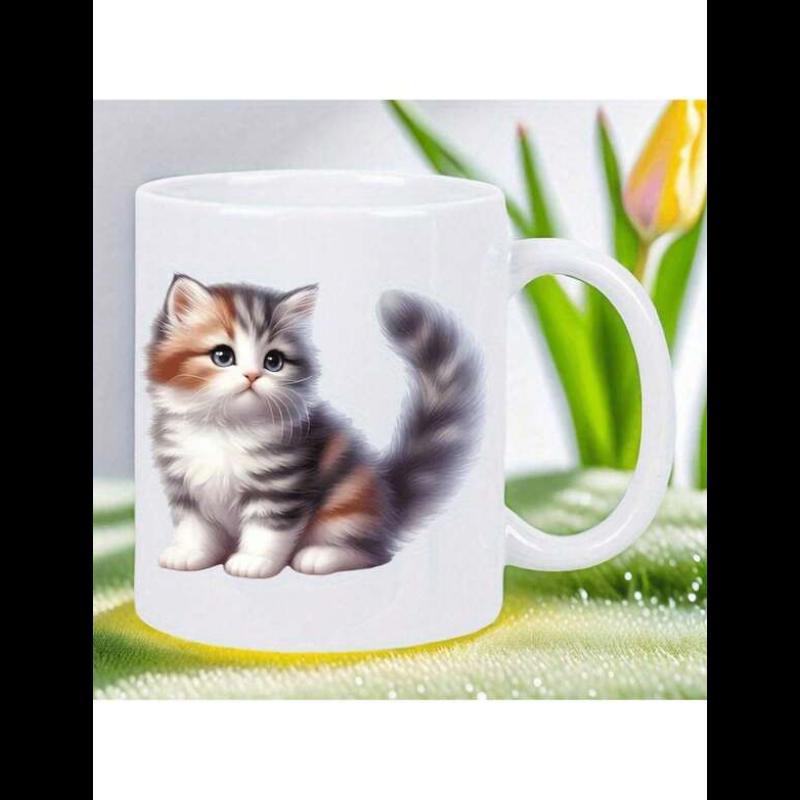 Tailorly White Ceramic 11 oz Mug - Adorable Fluffy Little Pet Sitting Peacefully With Soft Striped Fur Kitten