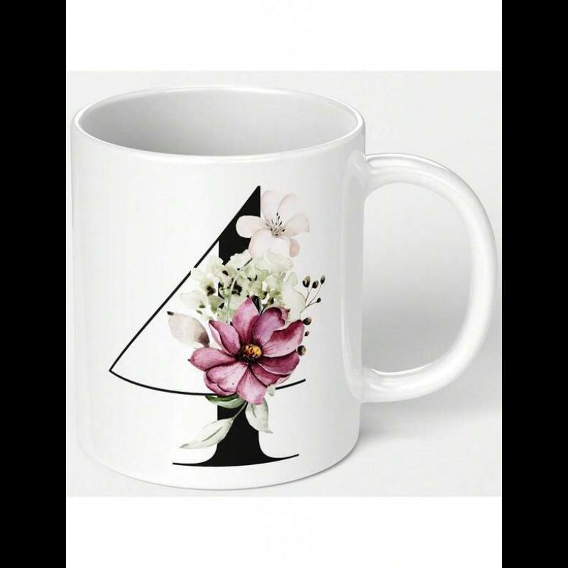 Tailorly White Ceramic 11 oz Mug - Elegant Pink Watercolor Blooms Entwined With A Bold Black Serif Number