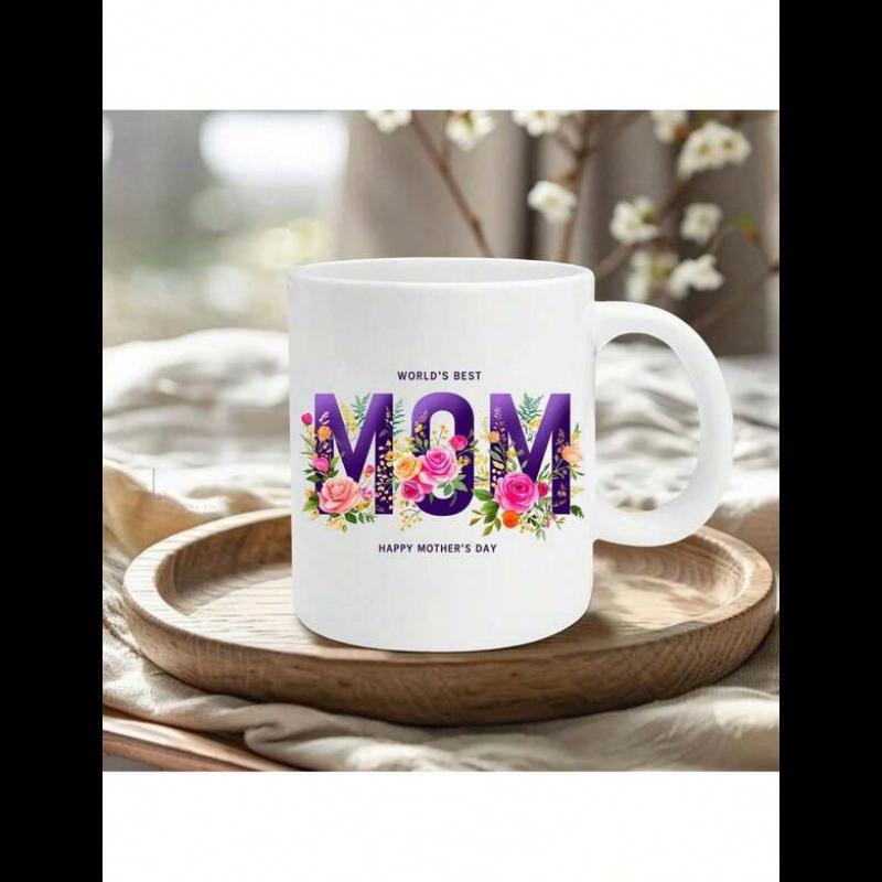 Tailorly White Ceramic 11 oz Mug - World's Best Mom Happy Mother's Day Vibrant Colorful Flowers Blooming Around Elegant Purple Letters Mug