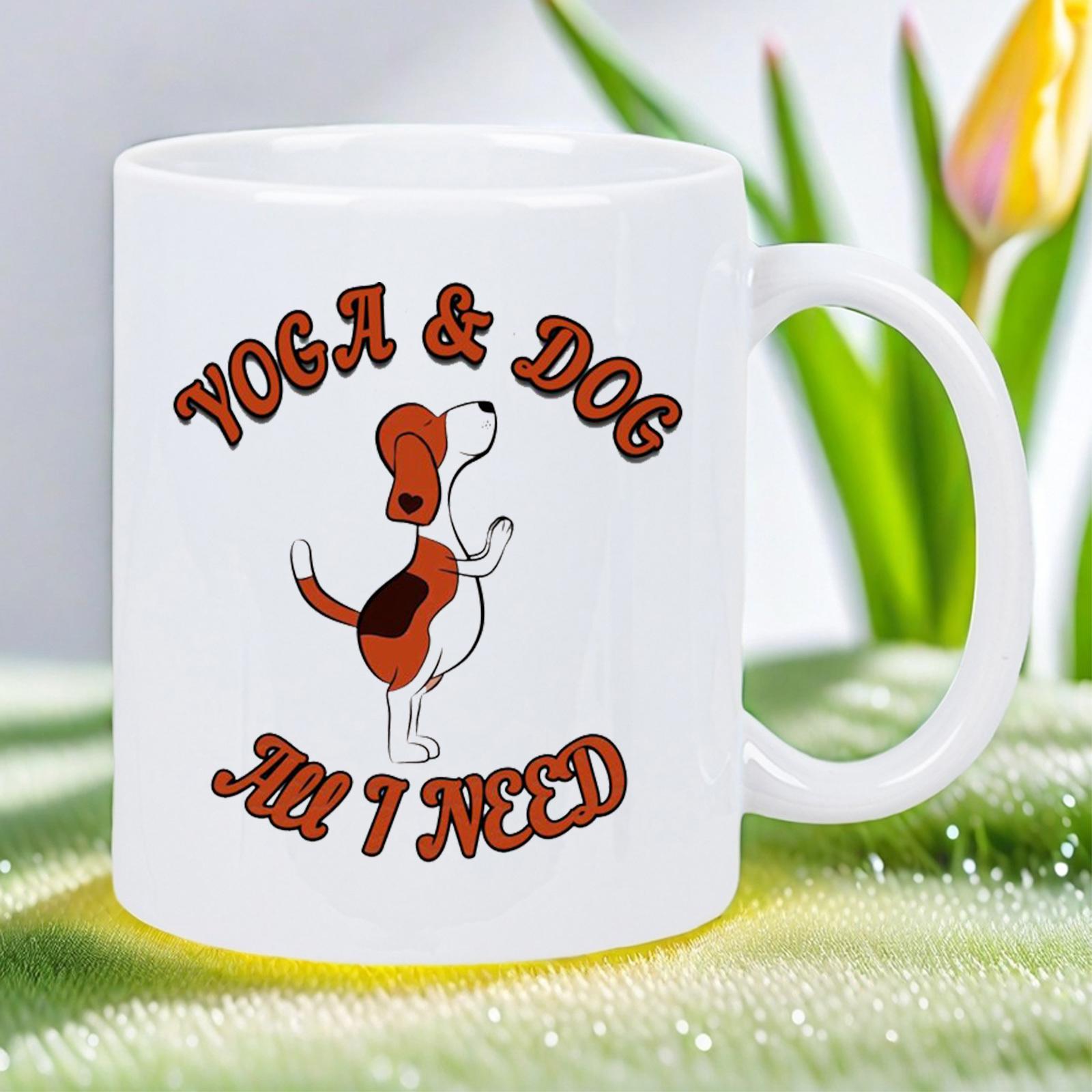 Tailorly White Ceramic 11 oz Mug - Yoga Dog All I Need Playful Brown And White Beagle Standing Upright On White Background Dog