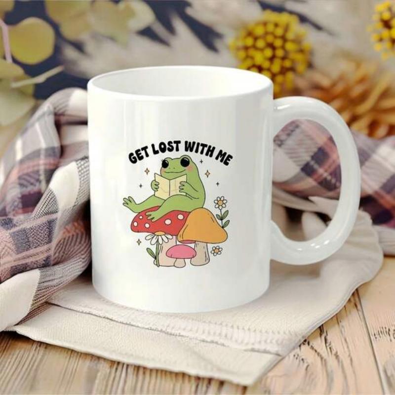 Tailorly White Ceramic 11 oz Mug - Get Lost With Me Whimsical Green Frog Sitting On Red Spotted Mushroom Reading A Book Frog