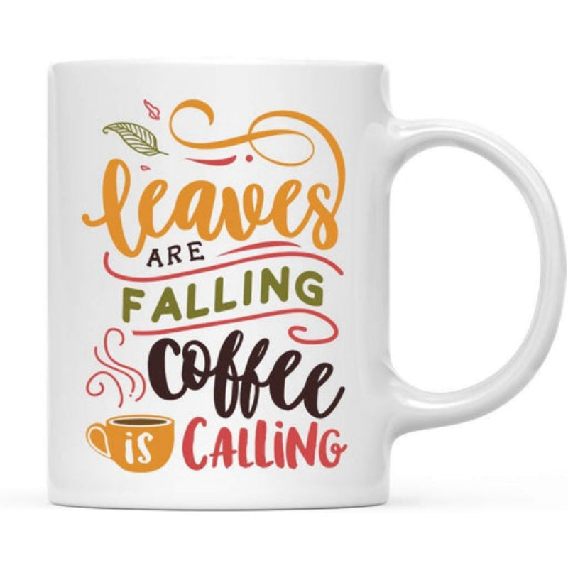 Tailorly White Ceramic 11 oz Mug - Leaves Are Falling Coffee Is Calling Autumnal Theme With Colorful Falling Leaves And Decorative Steam Swirls Mug