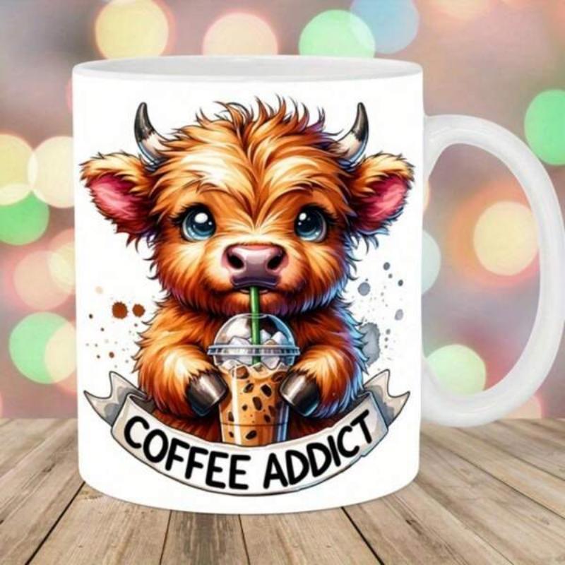 Tailorly White Ceramic 11 oz Mug - Coffee Addict Adorable Highland Cow Drinking Iced Bubble Tea With Fluffy Fur Cow