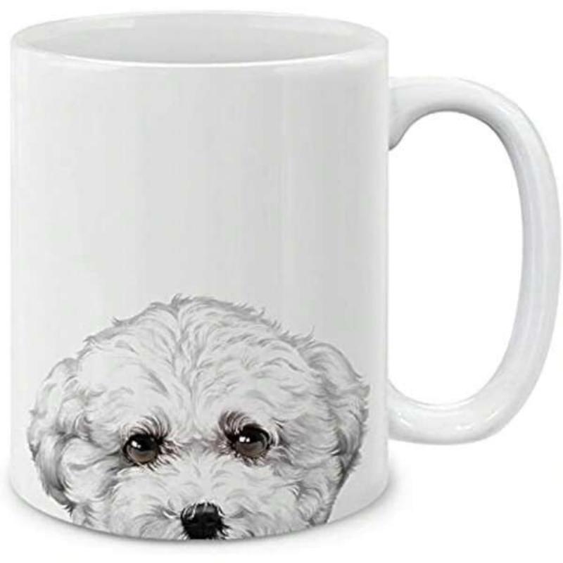 Tailorly White Ceramic 11 oz Mug - Artistic Realistic Sketch Of A Fluffy White Dog Head Peeking Up Dog