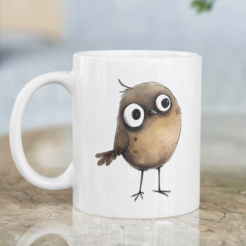Tailorly White Ceramic 11 oz Mug - Adorably Round Brown Creature Featuring Large Curious Eyes Standing Tiny Bird