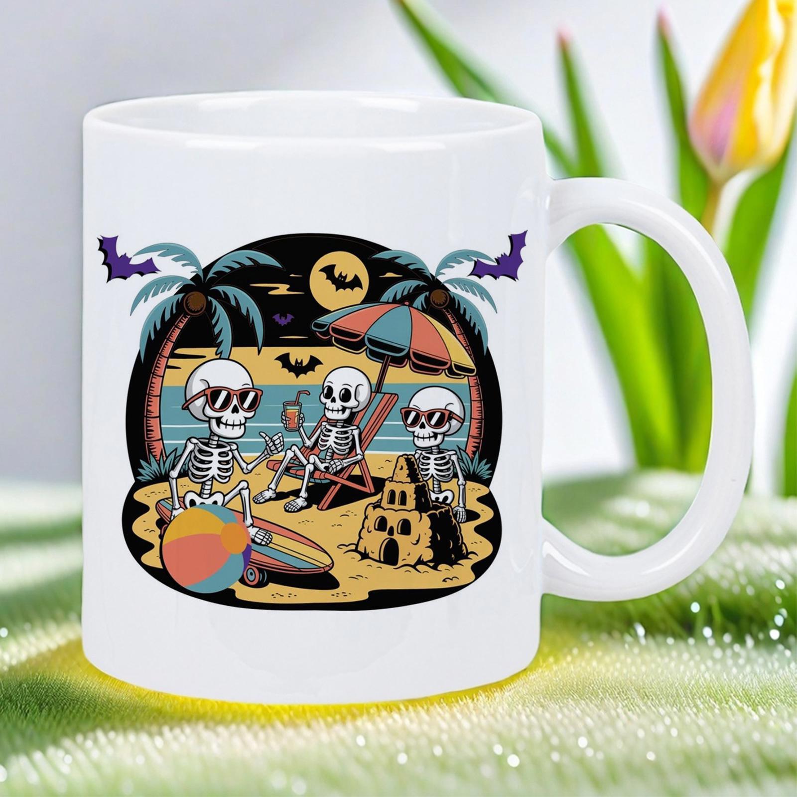 Tailorly White Ceramic 11 oz Mug - Three Skeletons Enjoying A Sunny Day On The Tropical Sand Beach Skeleton