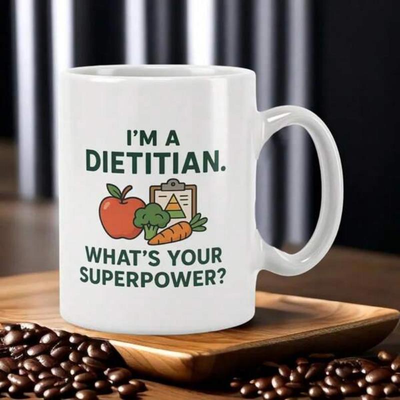 Tailorly White Ceramic 11 oz Mug - Im A Dietitian Whats Your Superpower Red Apple Green Broccoli Orange Carrot Healthy Food Nutrition Clipboard Mug