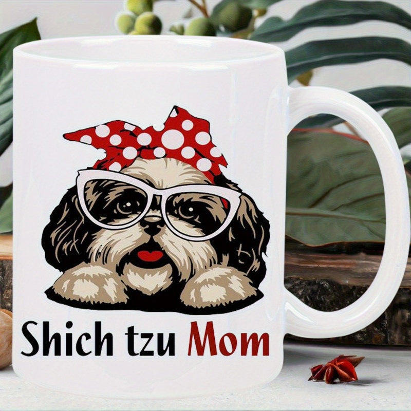 Tailorly White Ceramic 11 oz Mug - Shih Tzu Mom Adorable Fluffy Dog Wearing Polka Dot Bandana And Stylish Glasses Shih Tzu