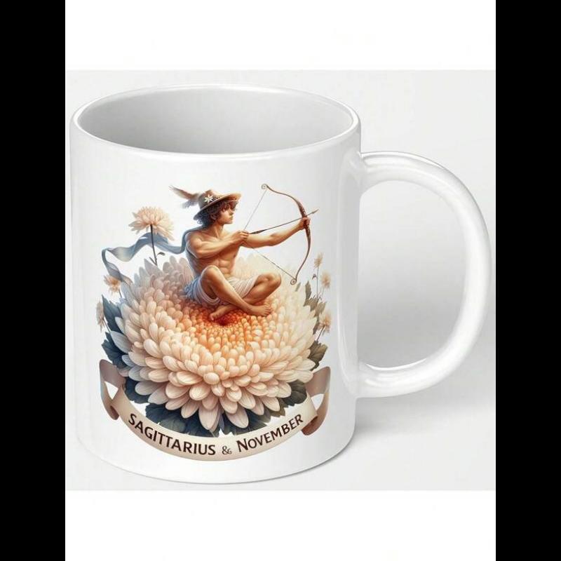 Tailorly White Ceramic 11 oz Mug - Sagittarius November Mythological Archer Sitting Atop A Large Blooming Flower Archer