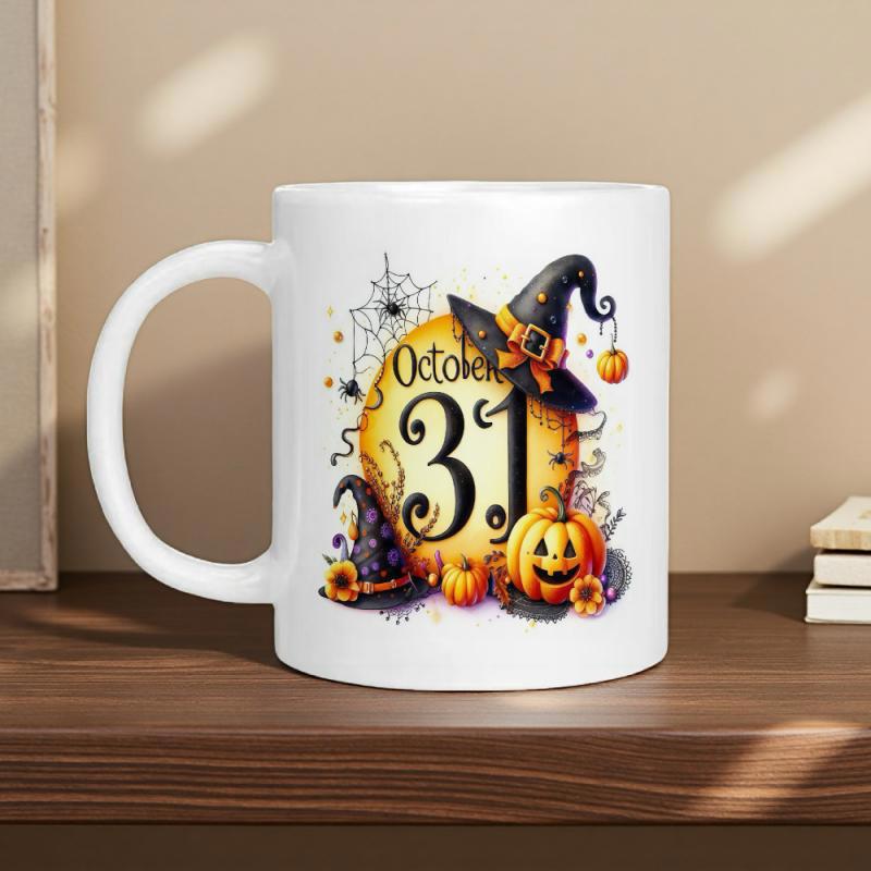 Tailorly White Ceramic 11 oz Mug - October 31 Spooky Halloween Theme With Witch Hat And Carved Smiling Pumpkin