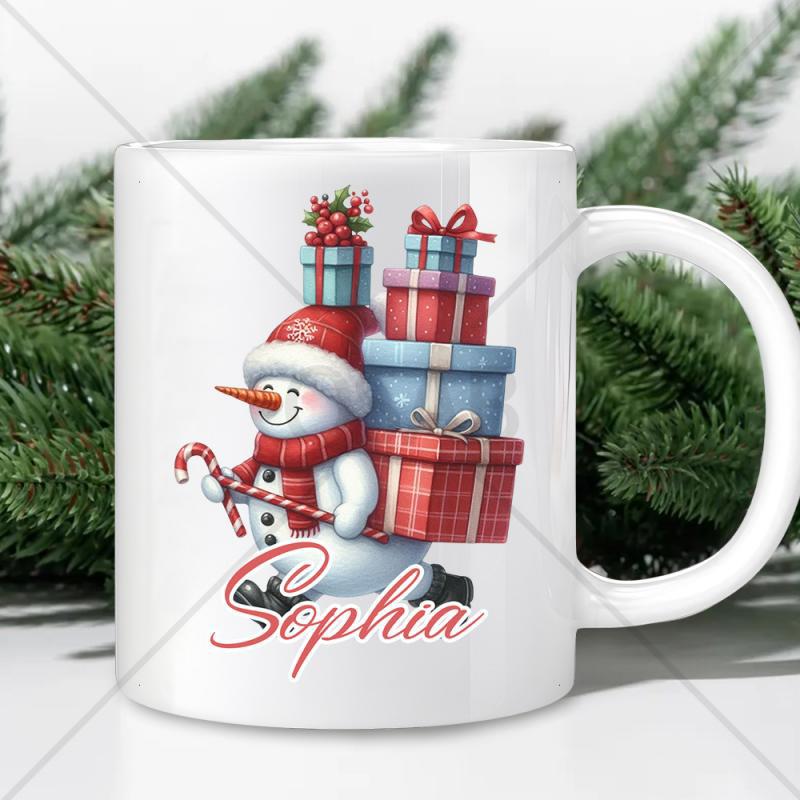Tailorly White Ceramic 11 oz Mug - Sophia Jolly Snowman Wearing Red Scarf Carrying Stacked Colorful Holiday Gift Boxes Snowman