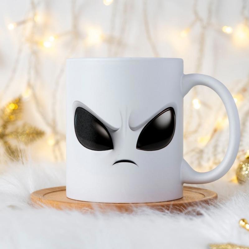 Tailorly White Ceramic 11 oz Mug - Angry Gray Extraterrestrial Creature With Large Dark Eyes Grumpy Alien