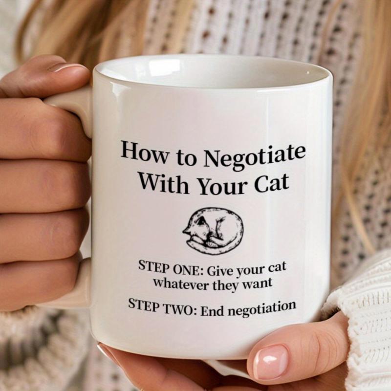 Tailorly White Ceramic 11 oz Mug - How To Negotiate With Your Cat Minimalist Hand Drawn Sketch Of A Sleeping Curled Feline Cat