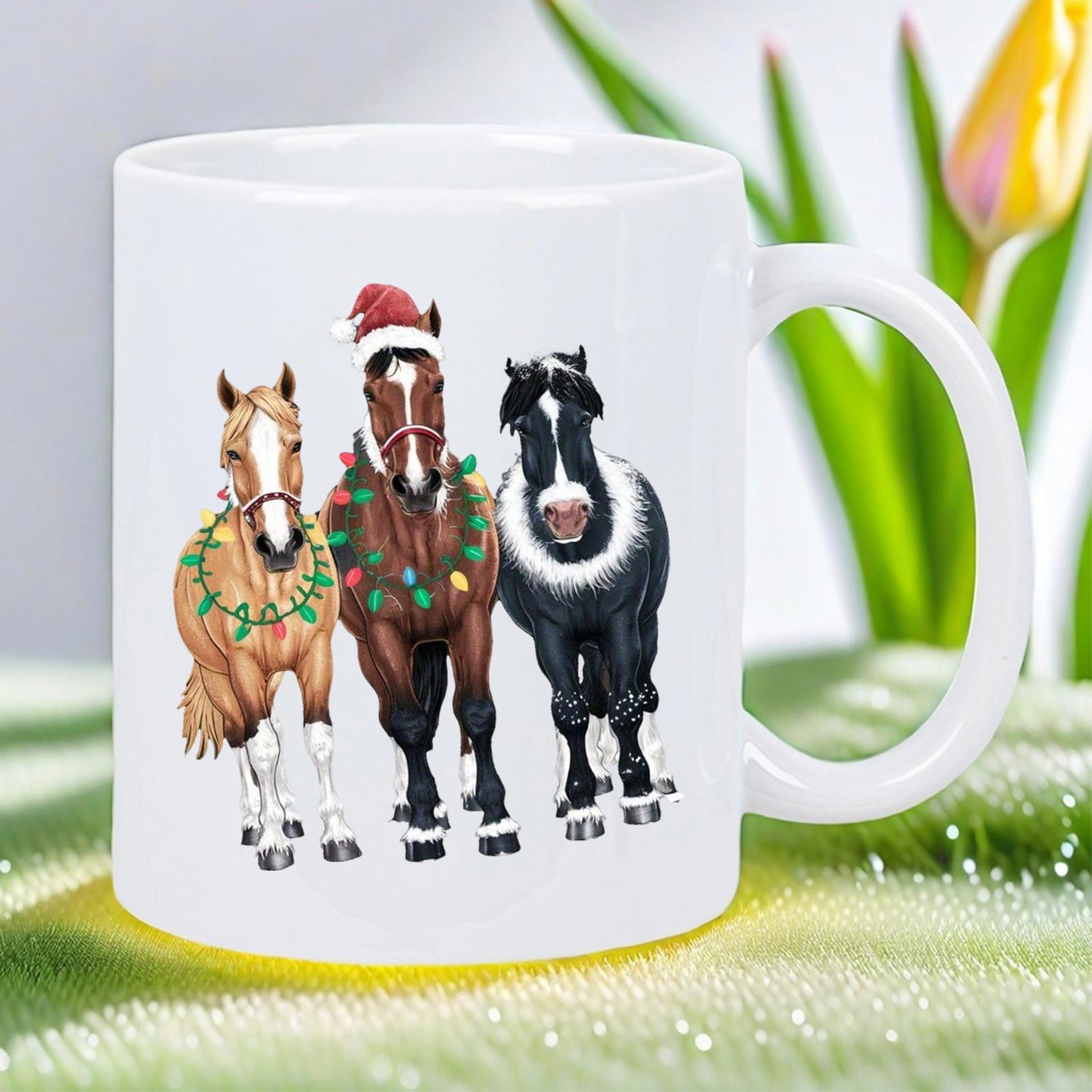 Tailorly White Ceramic 11 oz Mug - Three Festive Christmas Ponies Wearing Wreaths And Santa Hats Horses