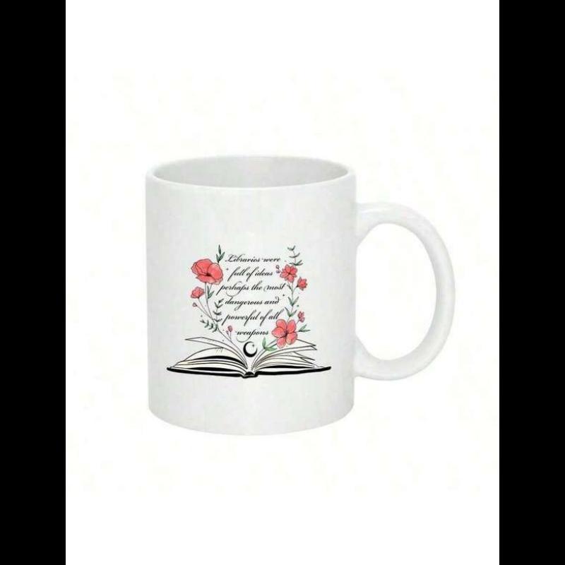 Tailorly White Ceramic 11 oz Mug - Whatever Our Magic Delicate Red Flowers Growing Out From An Open Book Book