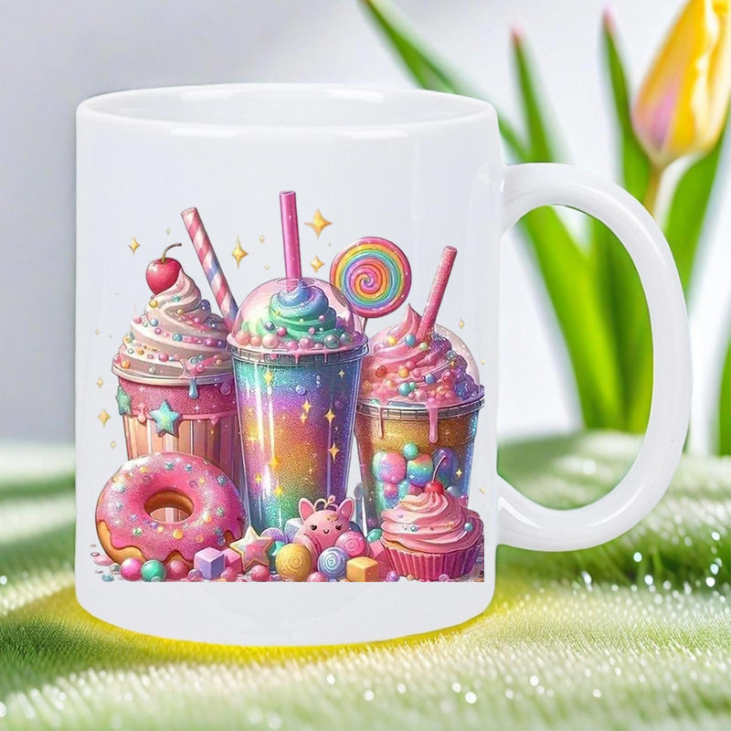 Tailorly White Ceramic 11 oz Mug - Vibrant Pastel Rainbow Colors With Sprinkles And Delicious Sweet Treats Sweets