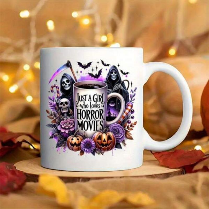 Tailorly White Ceramic 11 oz Mug - Just A Girl Who Loves Horror Movies Spooky Grim Reaper With Bats And Pumpkins Among Purple Floral Accents Mug