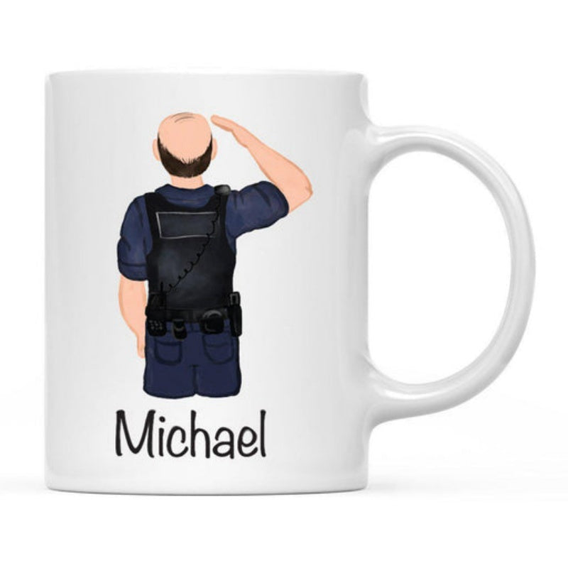 Tailorly White Ceramic 11 oz Mug - Michael Saluting Police Officer In Tactical Vest Viewed From Behind In Cartoon Style Officer