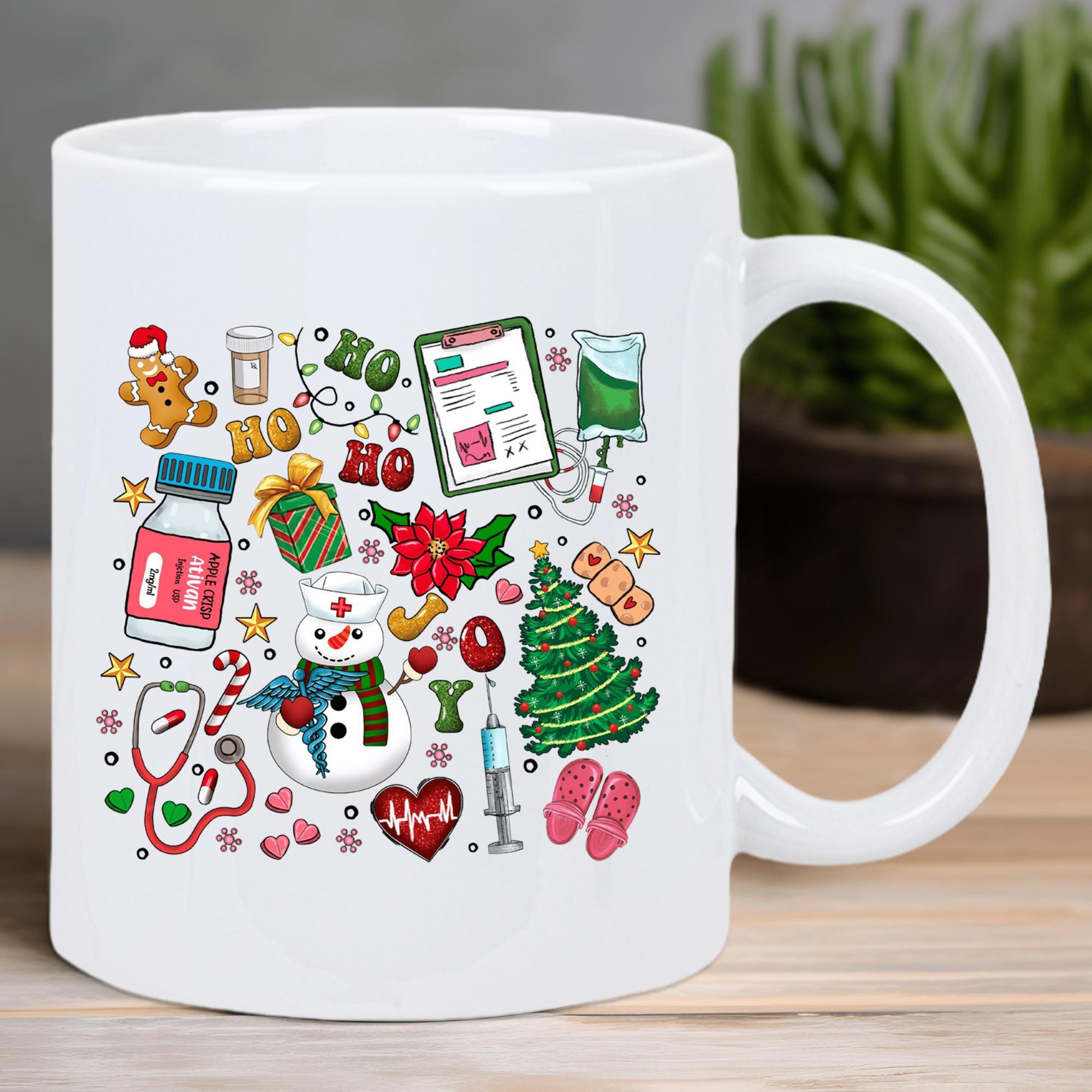 Tailorly White Ceramic 11 oz Mug - Ho Ho Festive Medical Nurse Decorations Surrounded By Seasonal Christmas Icons Collection