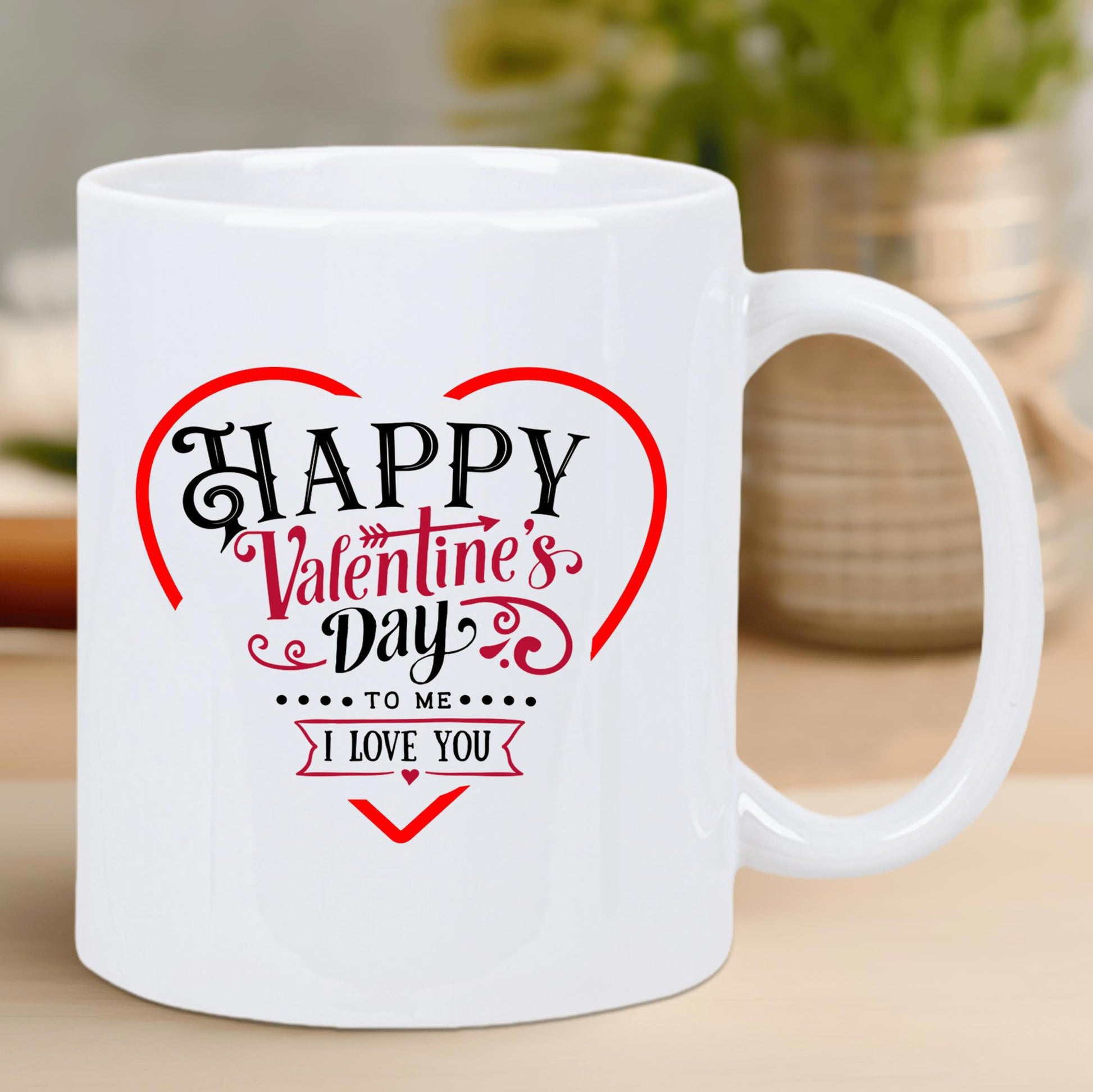 Tailorly White Ceramic 11 oz Mug - Happy Valentines Day To Me I Love You Artistic Decorative Script Within A Vibrant Red Outline Of A Heart