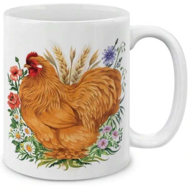 Tailorly White Ceramic 11 oz Mug - Rustic Countryside Scene Featuring A Fluffy Brown Hen Among Wildflowers Chicken