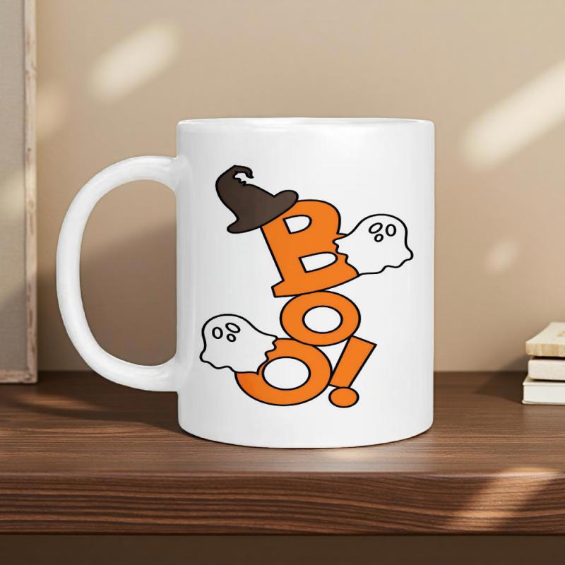 Tailorly White Ceramic 11 oz Mug - Boo Orange Block Letters Wearing Witch Hat Among Friendly White Floating Ghosts