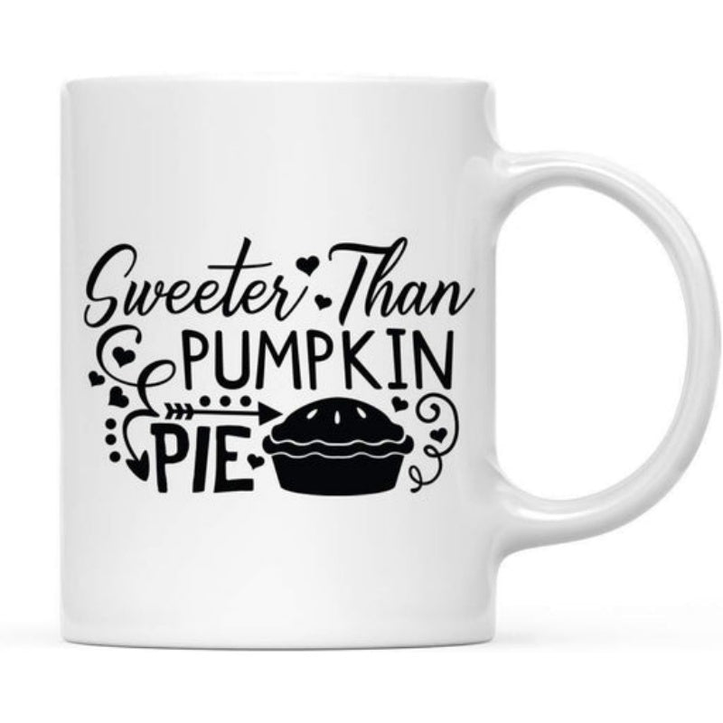 Tailorly White Ceramic 11 oz Mug - Sweeter Than Pumpkin Pie Artistic Script Lettering With Hearts And Arrows Near A Fresh Baked Pie